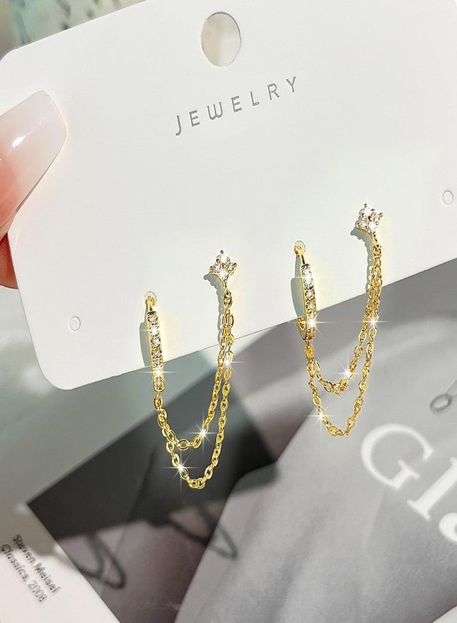 COARVXA 925 Sterling Silver Gold Plated Four Zircons Flower Stud Chain Earrings | Double Piercing Dangle Chain Huggie Hoop Earrings | Four Zirconia Stud Earrings Jewelry Gifts for Women - Image 5